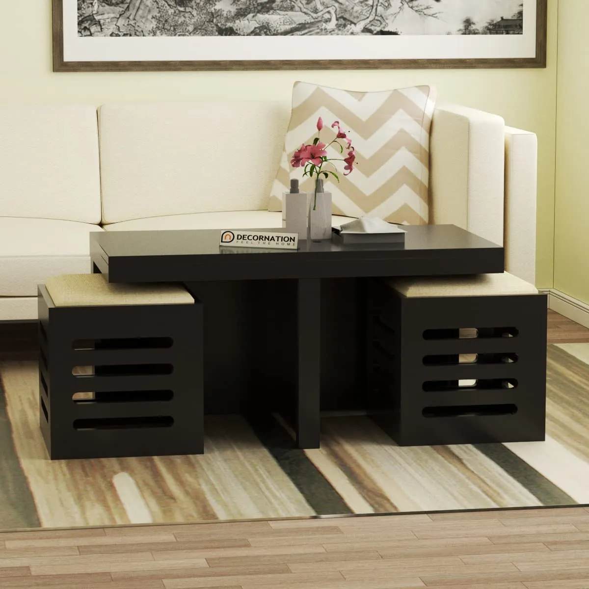 DecorNation Ely Wooden Coffee Table with 2 Stools with Storage – Charcoal Black