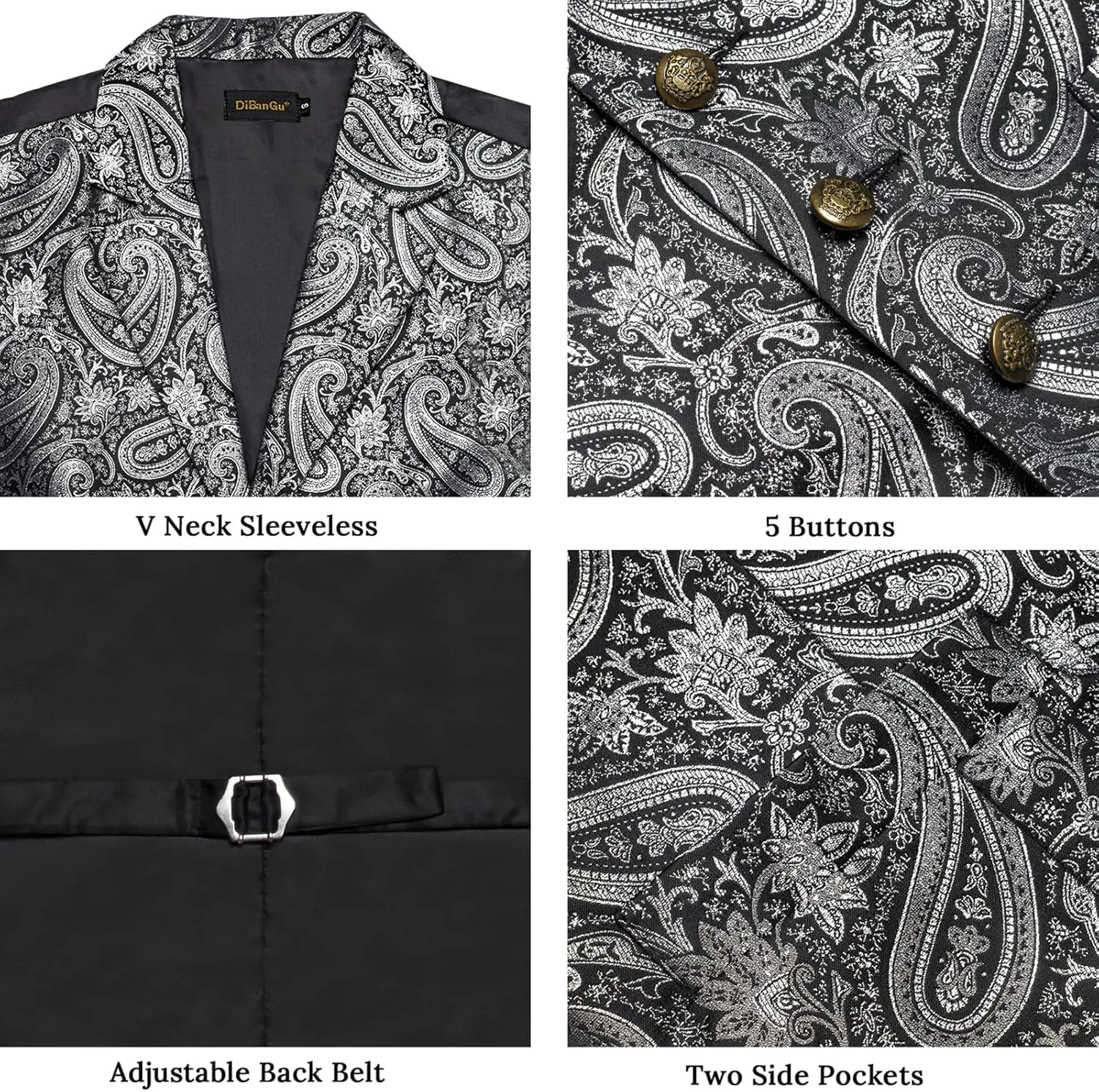 DiBanGu Silk Paisley Vest for Men Wedding Waistcoat and Necktie Bowtie Lapel Pin Set 7PCS Dress Vests for Suit or Tuxedo