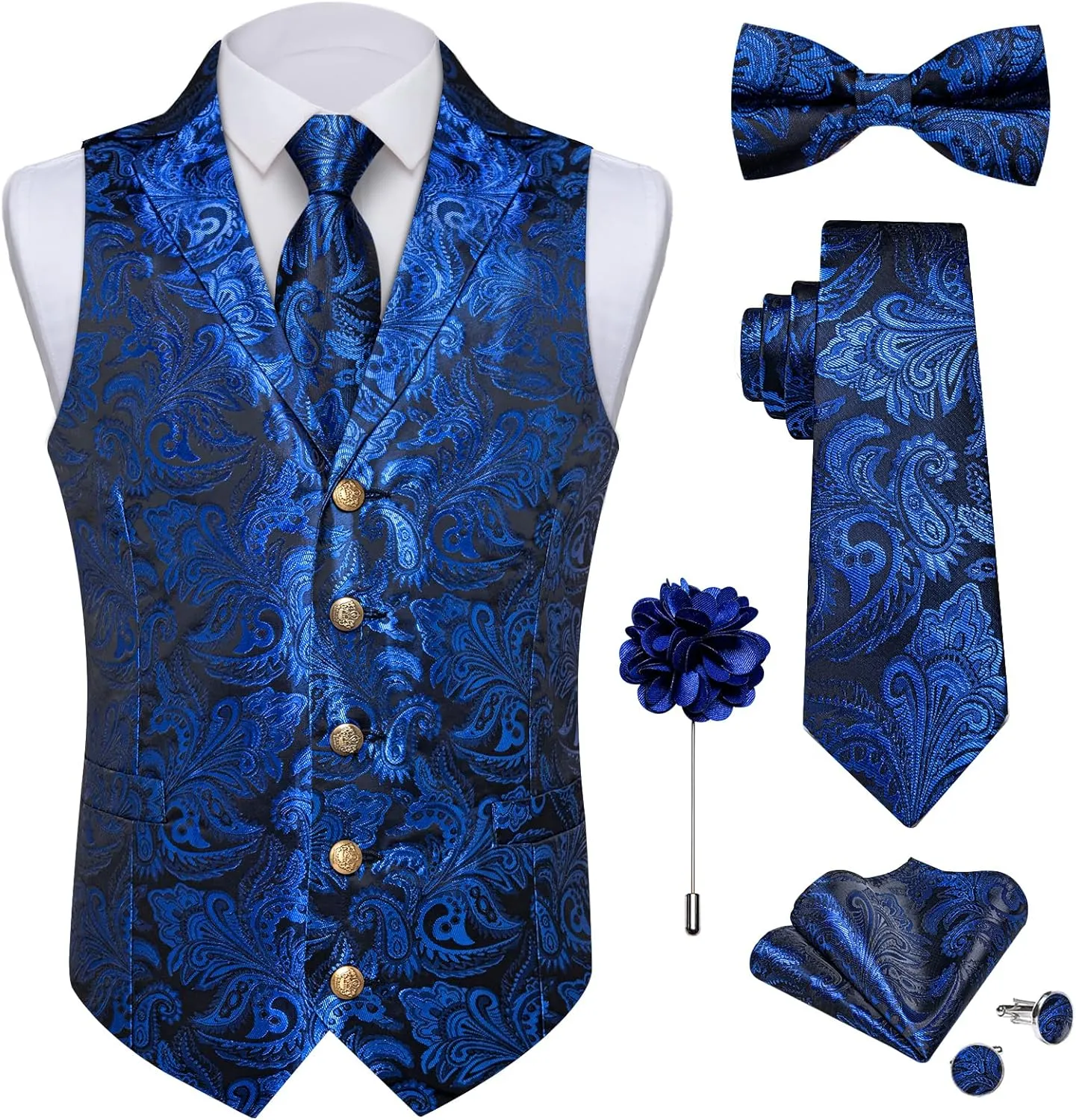 DiBanGu Silk Paisley Vest for Men Wedding Waistcoat and Necktie Bowtie Lapel Pin Set 7PCS Dress Vests for Suit or Tuxedo