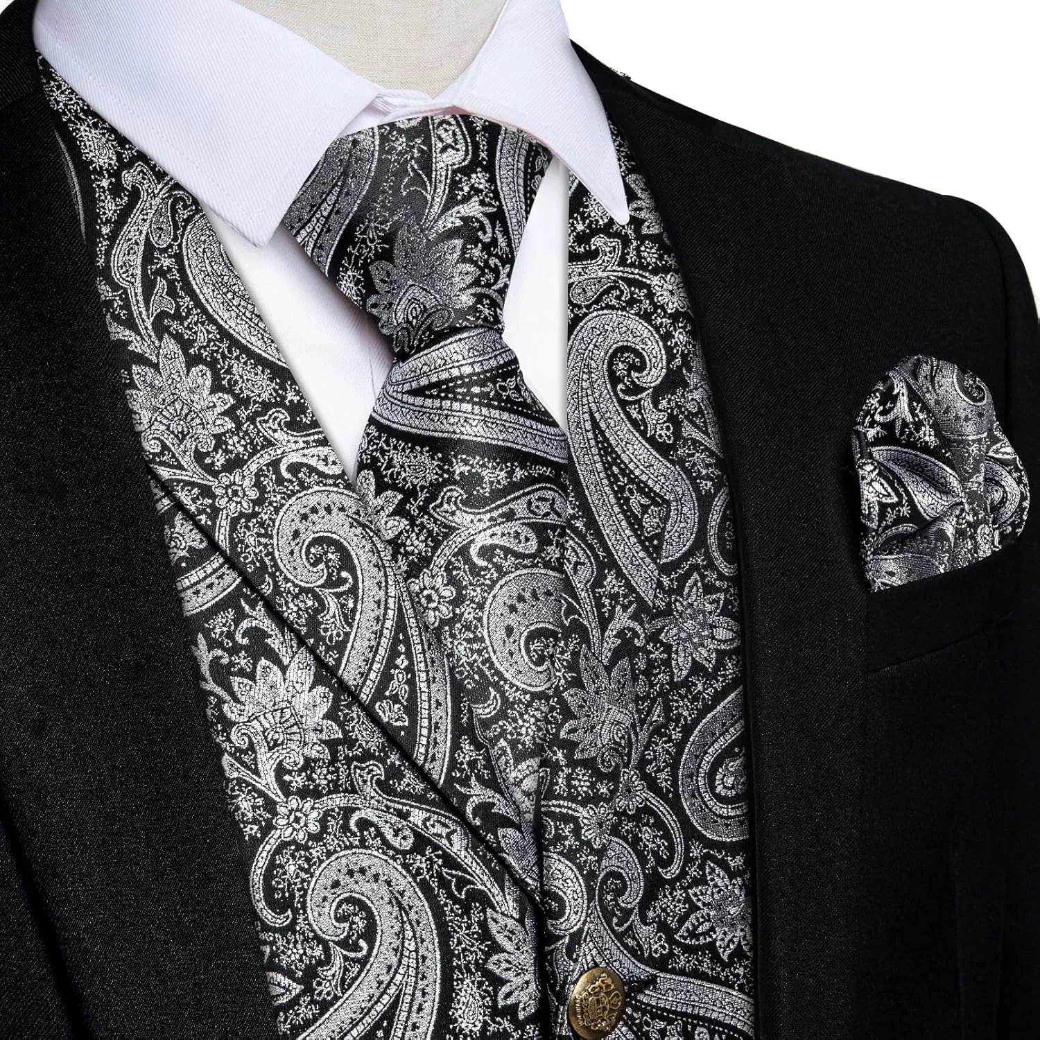 DiBanGu Silk Paisley Vest for Men Wedding Waistcoat and Necktie Bowtie Lapel Pin Set 7PCS Dress Vests for Suit or Tuxedo