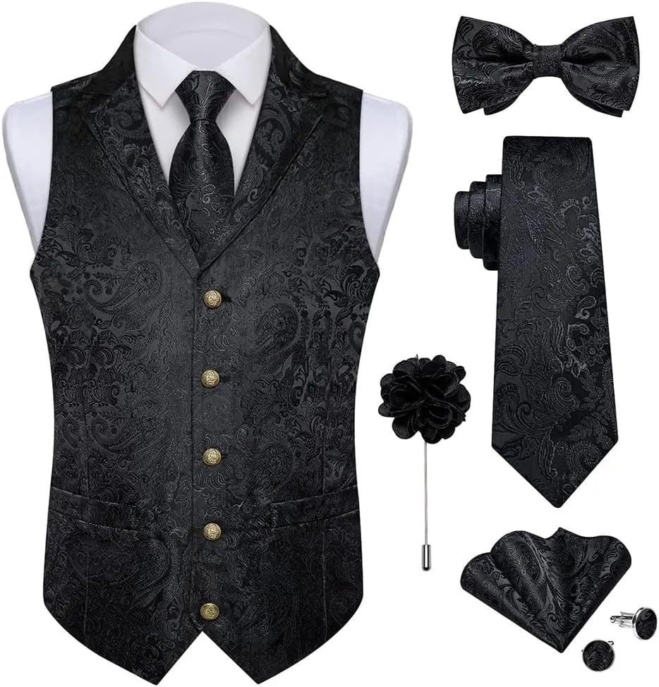 DiBanGu Silk Paisley Vest for Men Wedding Waistcoat and Necktie Bowtie Lapel Pin Set 7PCS Dress Vests for Suit or Tuxedo