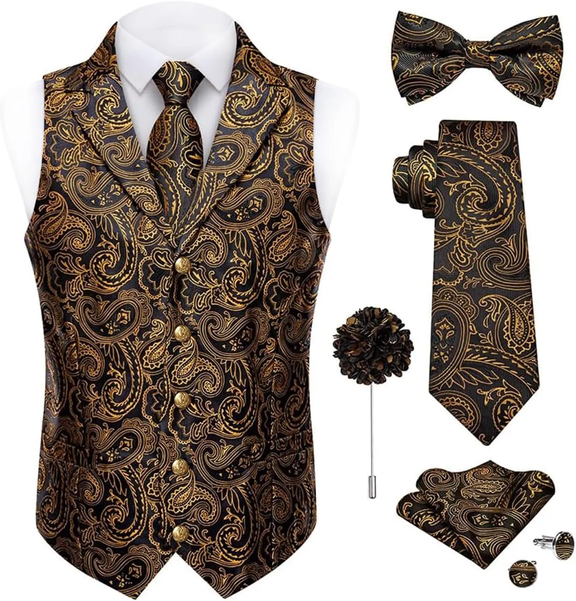 DiBanGu Silk Paisley Vest for Men Wedding Waistcoat and Necktie Bowtie Lapel Pin Set 7PCS Dress Vests for Suit or Tuxedo