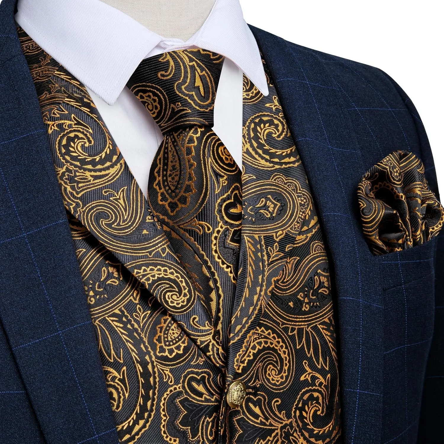 DiBanGu Silk Paisley Vest for Men Wedding Waistcoat and Necktie Bowtie Lapel Pin Set 7PCS Dress Vests for Suit or Tuxedo