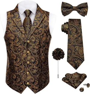 DiBanGu Silk Paisley Vest for Men Wedding Waistcoat and Necktie Bowtie Lapel Pin Set 7PCS Dress Vests for Suit or Tuxedo