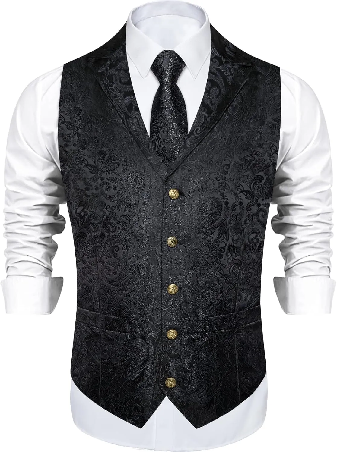DiBanGu Silk Paisley Vest for Men Wedding Waistcoat and Necktie Bowtie Lapel Pin Set 7PCS Dress Vests for Suit or Tuxedo
