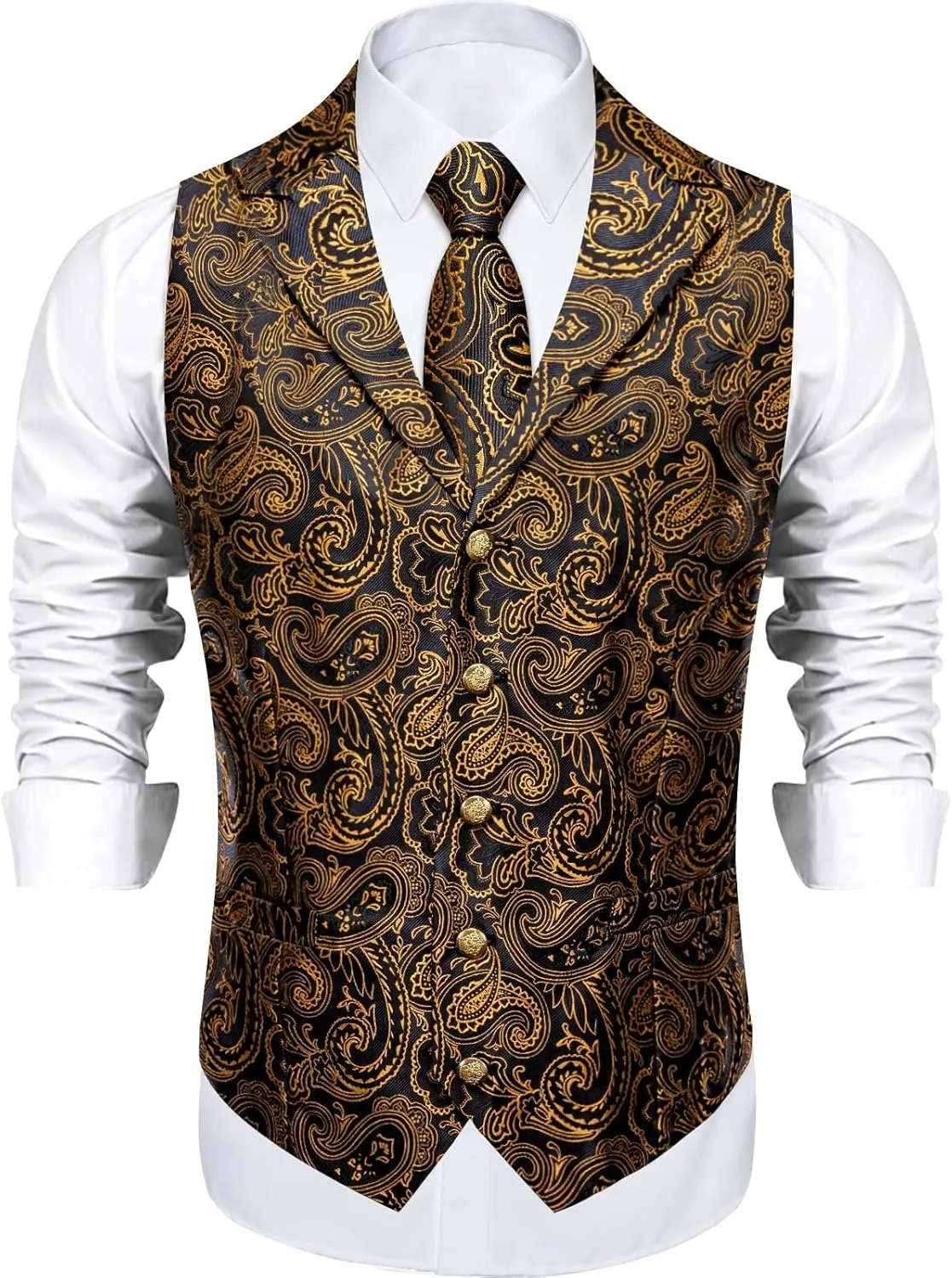 DiBanGu Silk Paisley Vest for Men Wedding Waistcoat and Necktie Bowtie Lapel Pin Set 7PCS Dress Vests for Suit or Tuxedo