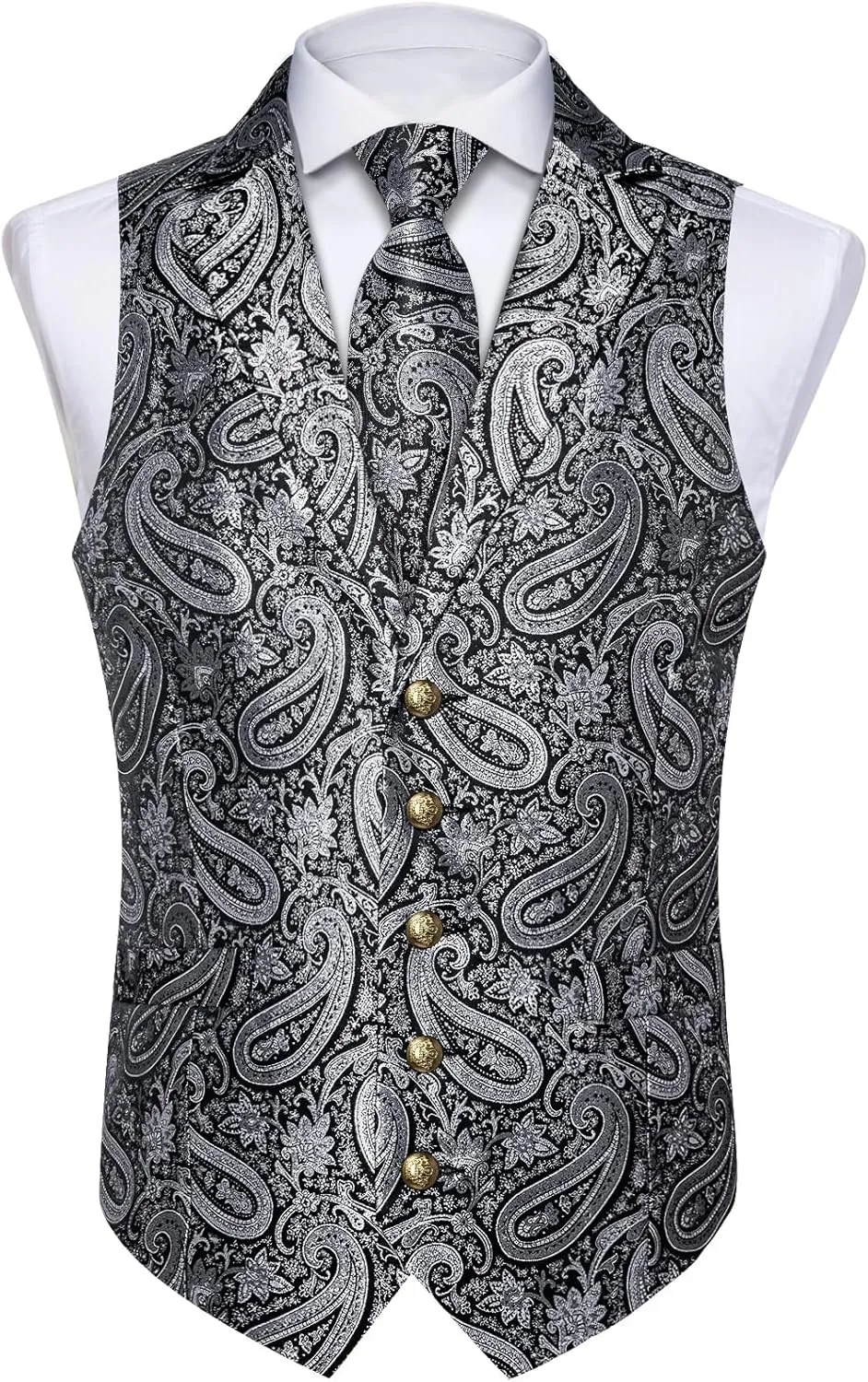 DiBanGu Silk Paisley Vest for Men Wedding Waistcoat and Necktie Bowtie Lapel Pin Set 7PCS Dress Vests for Suit or Tuxedo