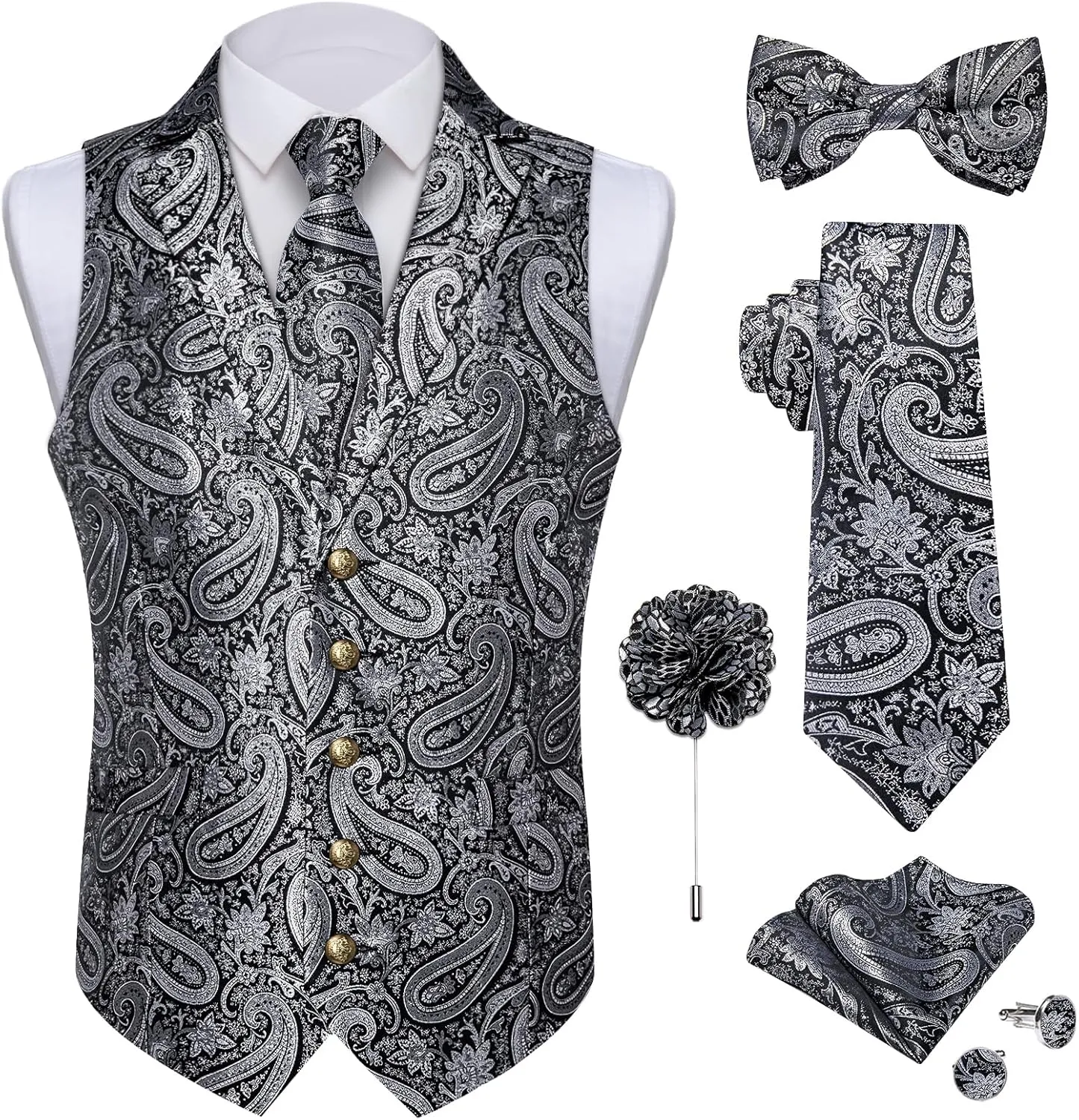 DiBanGu Silk Paisley Vest for Men Wedding Waistcoat and Necktie Bowtie Lapel Pin Set 7PCS Dress Vests for Suit or Tuxedo