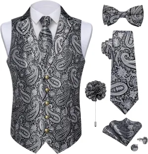 DiBanGu Silk Paisley Vest for Men Wedding Waistcoat and Necktie Bowtie Lapel Pin Set 7PCS Dress Vests for Suit or Tuxedo