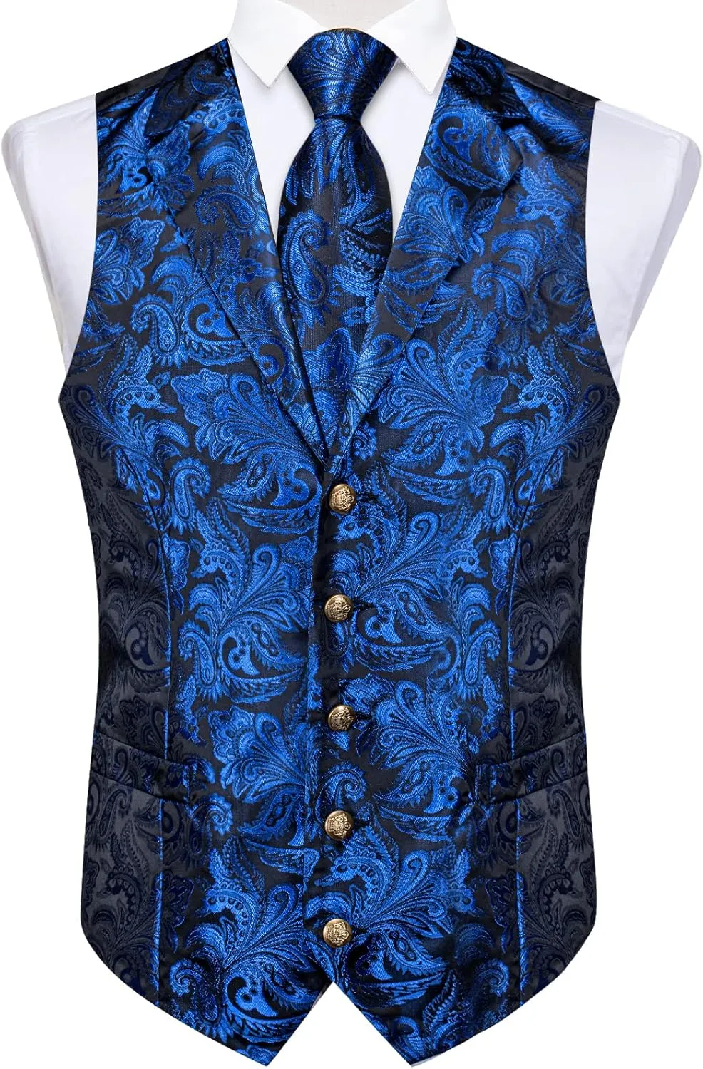DiBanGu Silk Paisley Vest for Men Wedding Waistcoat and Necktie Bowtie Lapel Pin Set 7PCS Dress Vests for Suit or Tuxedo
