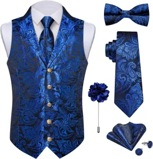 DiBanGu Silk Paisley Vest for Men Wedding Waistcoat and Necktie Bowtie Lapel Pin Set 7PCS Dress Vests for Suit or Tuxedo
