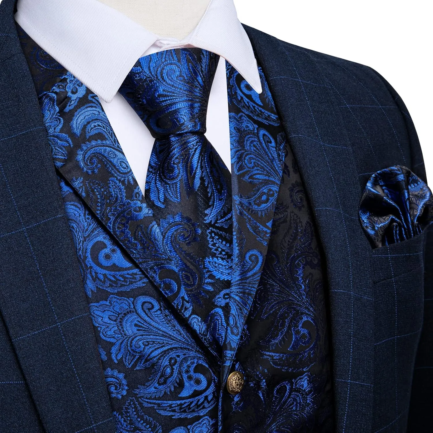 DiBanGu Silk Paisley Vest for Men Wedding Waistcoat and Necktie Bowtie Lapel Pin Set 7PCS Dress Vests for Suit or Tuxedo