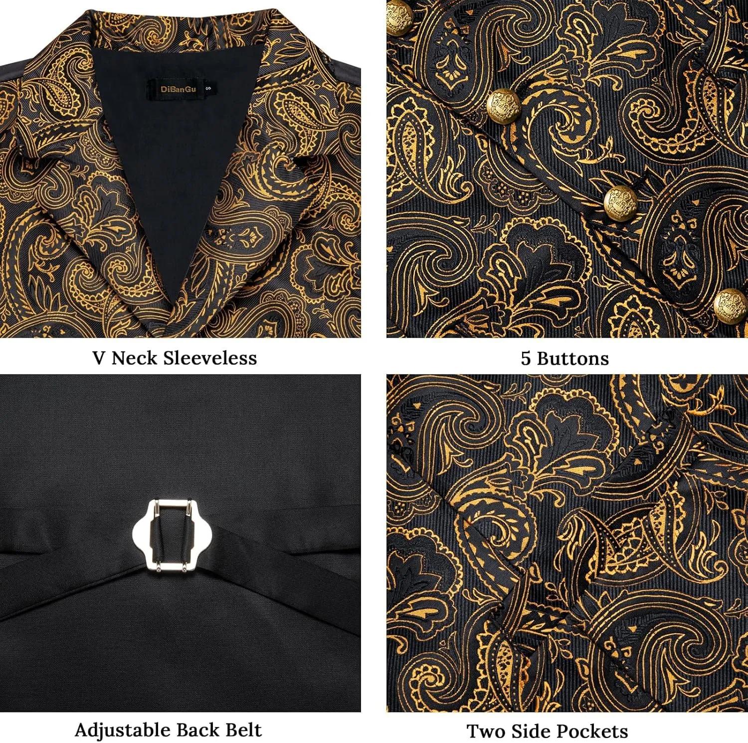 DiBanGu Silk Paisley Vest for Men Wedding Waistcoat and Necktie Bowtie Lapel Pin Set 7PCS Dress Vests for Suit or Tuxedo