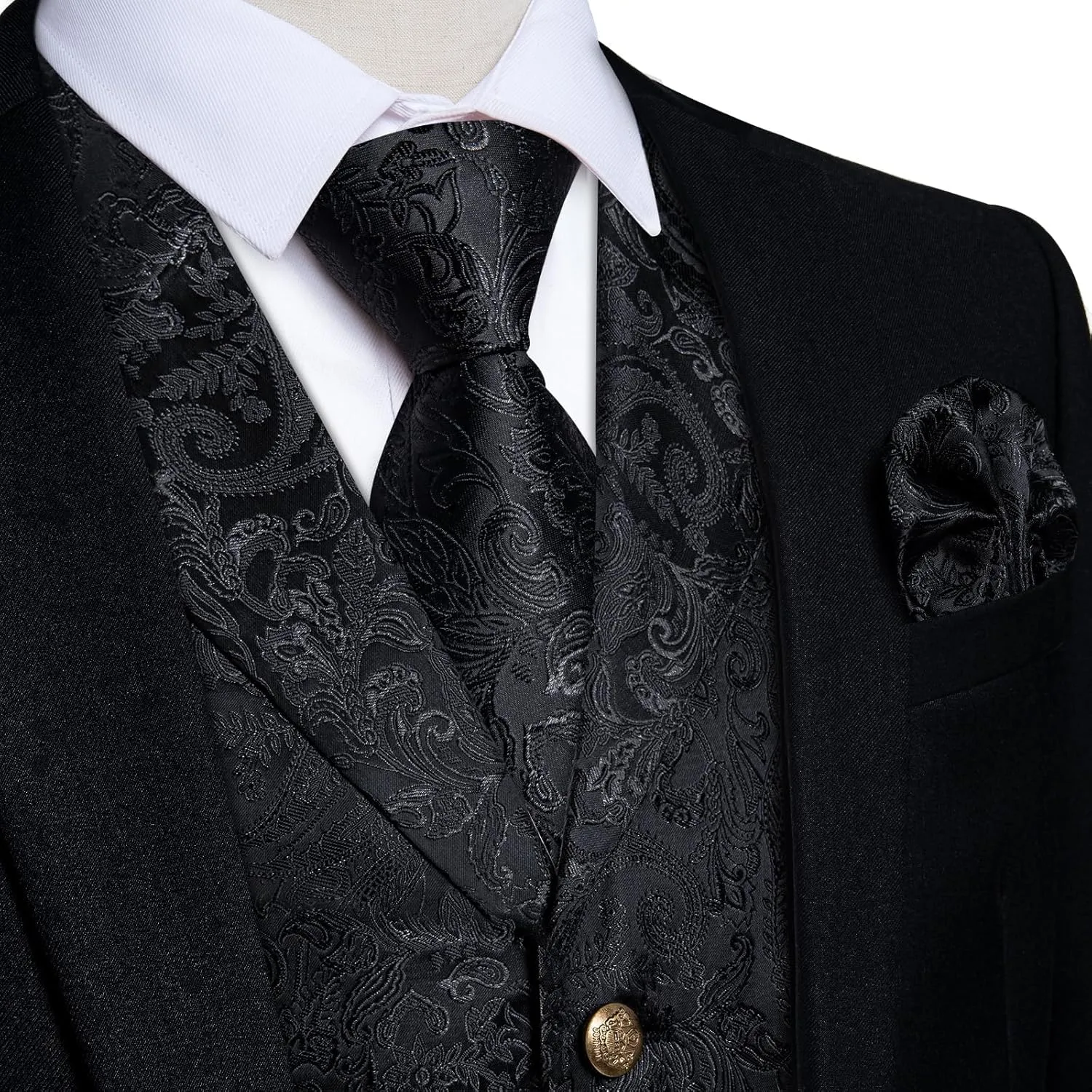 DiBanGu Silk Paisley Vest for Men Wedding Waistcoat and Necktie Bowtie Lapel Pin Set 7PCS Dress Vests for Suit or Tuxedo