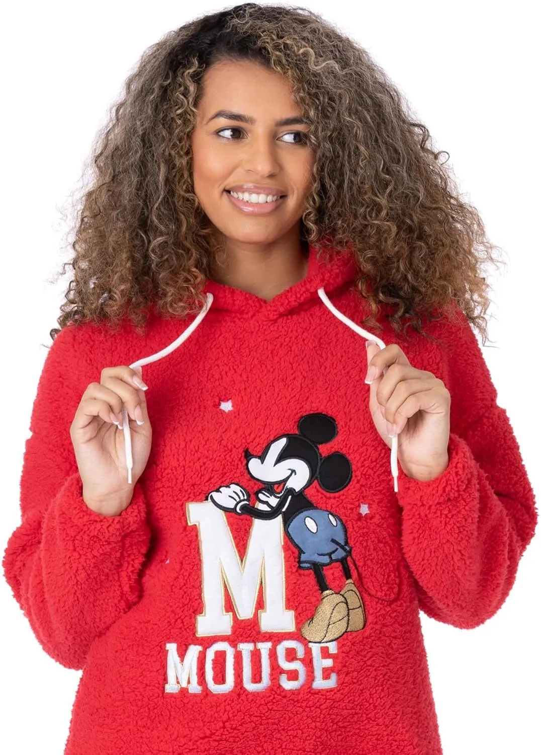 Disney Mickey Mouse Womens Pajama Set | Ladies Red Red Borg Hoodie With Legging Bottoms | Embroidered Silver & Gold Bundle