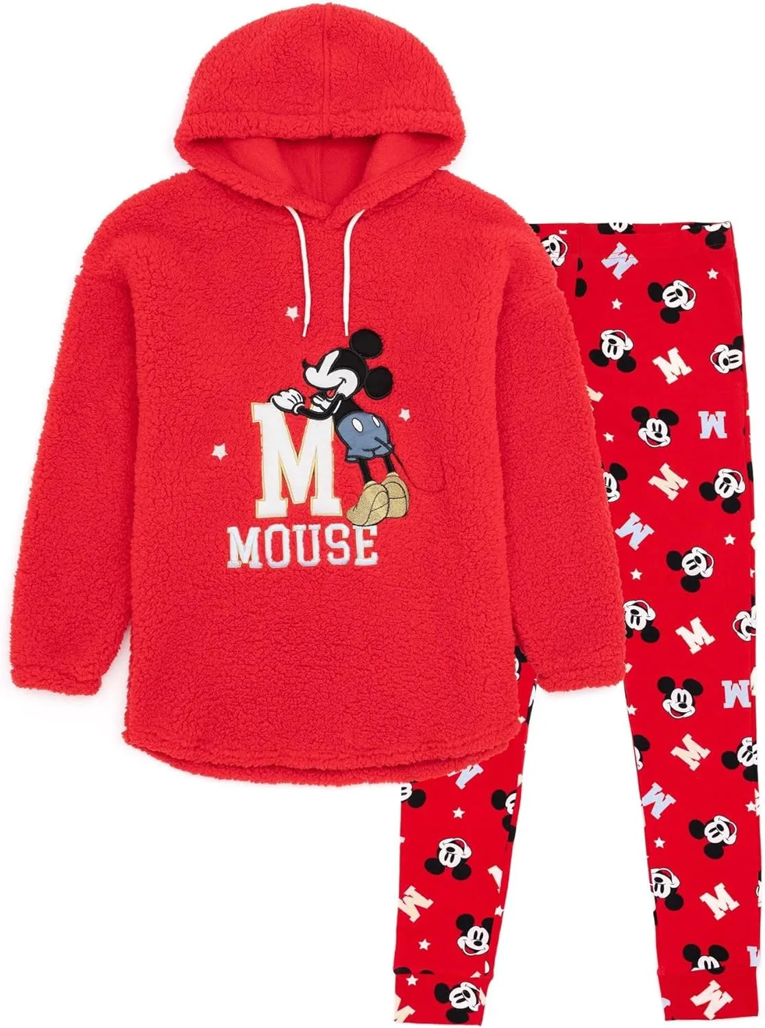 Disney Mickey Mouse Womens Pajama Set | Ladies Red Red Borg Hoodie With Legging Bottoms | Embroidered Silver & Gold Bundle
