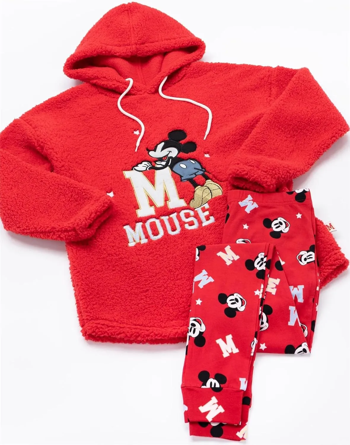 Disney Mickey Mouse Womens Pajama Set | Ladies Red Red Borg Hoodie With Legging Bottoms | Embroidered Silver & Gold Bundle