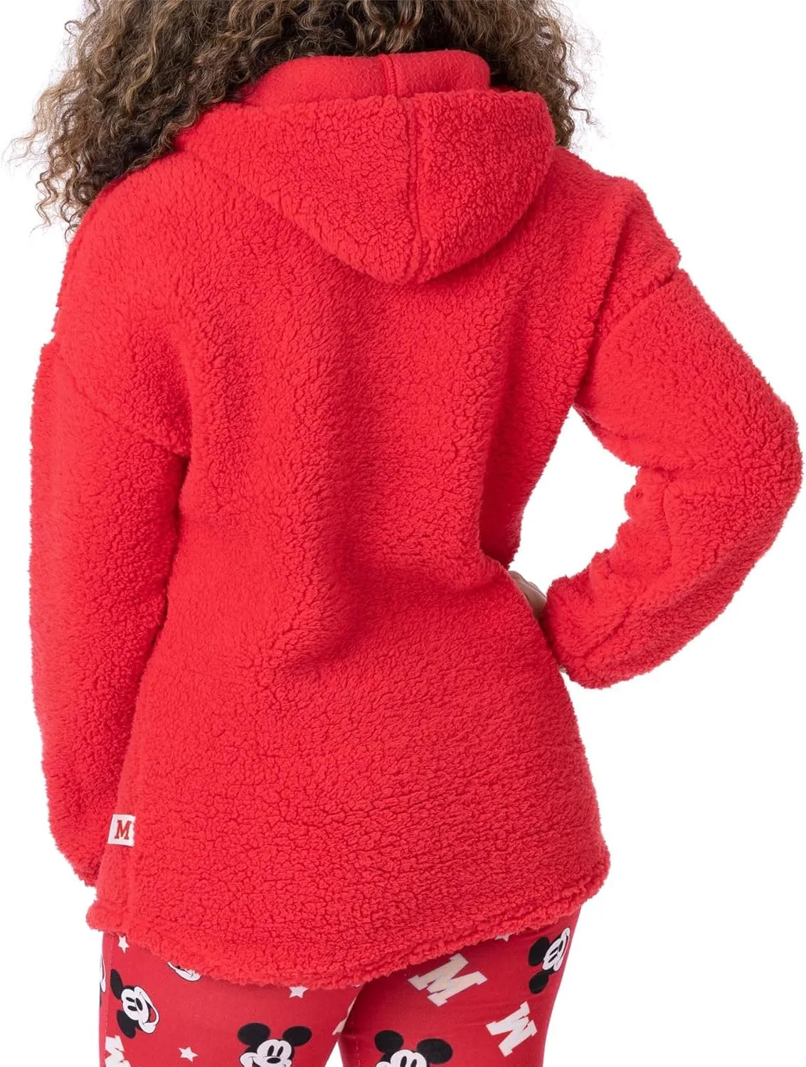 Disney Mickey Mouse Womens Pajama Set | Ladies Red Red Borg Hoodie With Legging Bottoms | Embroidered Silver & Gold Bundle