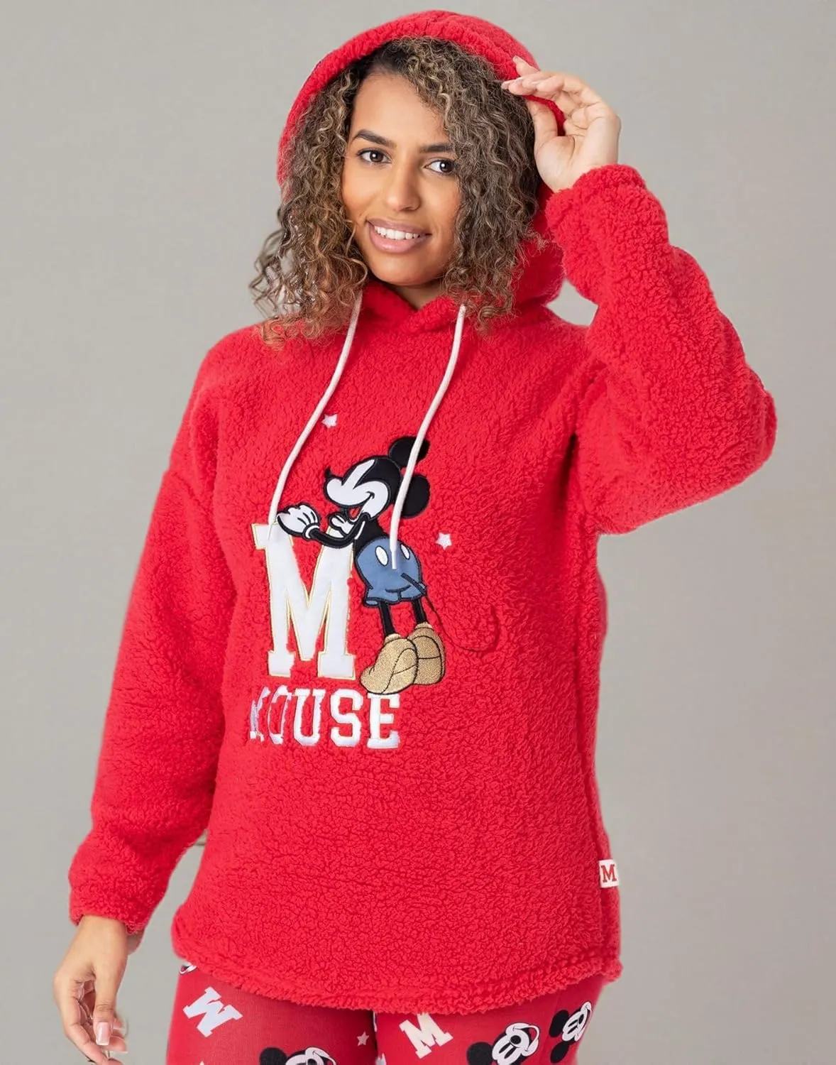 Disney Mickey Mouse Womens Pajama Set | Ladies Red Red Borg Hoodie With Legging Bottoms | Embroidered Silver & Gold Bundle