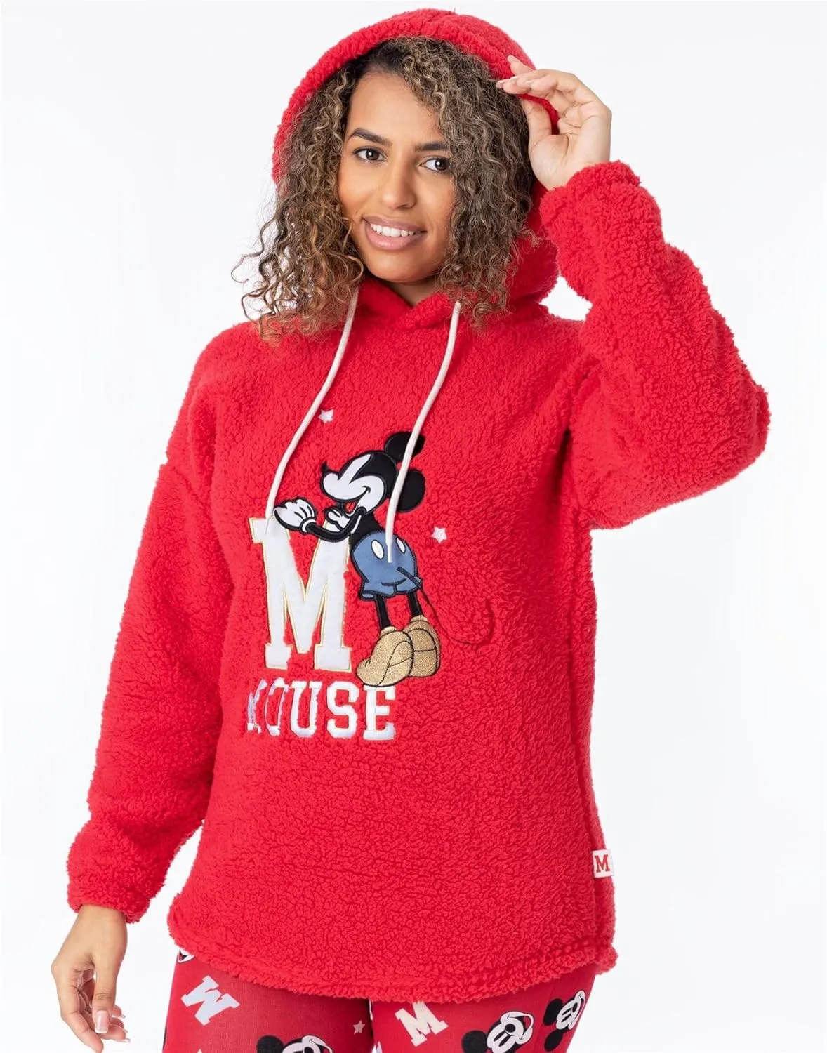 Disney Mickey Mouse Womens Pajama Set | Ladies Red Red Borg Hoodie With Legging Bottoms | Embroidered Silver & Gold Bundle