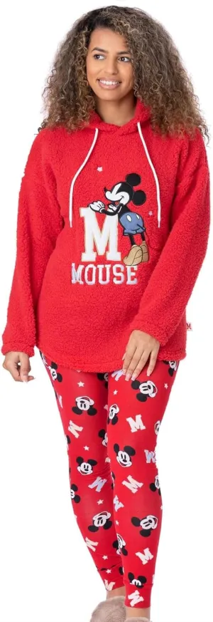 Disney Mickey Mouse Womens Pajama Set | Ladies Red Red Borg Hoodie With Legging Bottoms | Embroidered Silver & Gold Bundle