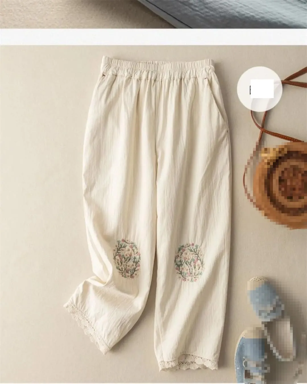 Dndrdhfb Women's Cotton Wide Leg Pants Elastic Waist Trousers Casual Breathable Harem Pants