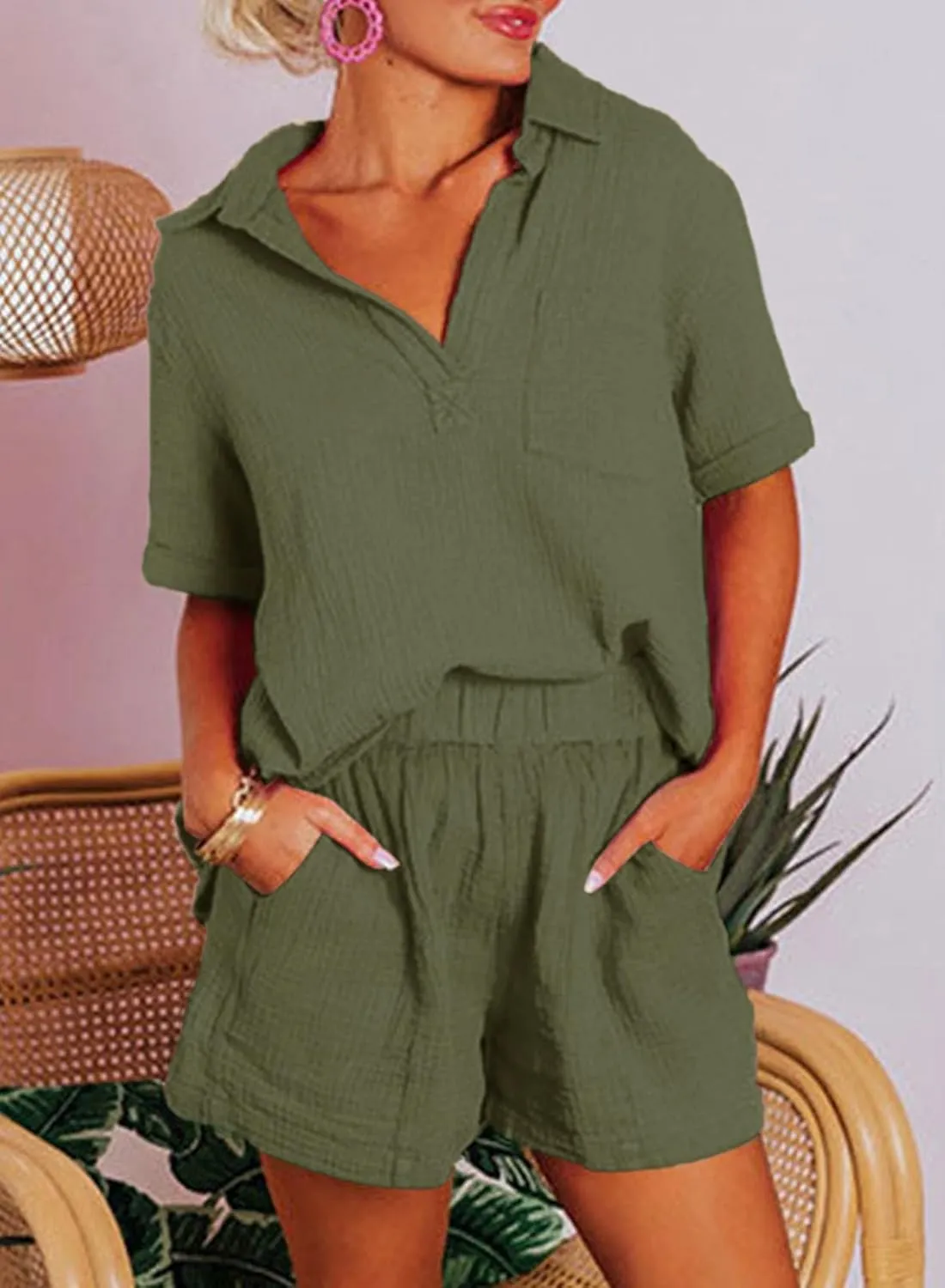 Dokotoo Women's Two Piece Outfits V Neck Short Sleeve Shirts and High Waist Shorts Lounge Sets