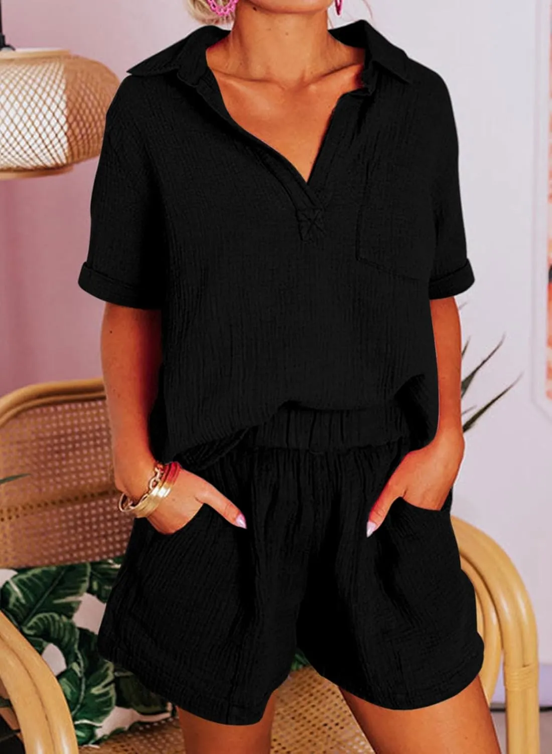 Dokotoo Women's Two Piece Outfits V Neck Short Sleeve Shirts and High Waist Shorts Lounge Sets