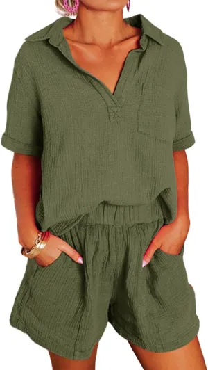 Dokotoo Women's Two Piece Outfits V Neck Short Sleeve Shirts and High Waist Shorts Lounge Sets