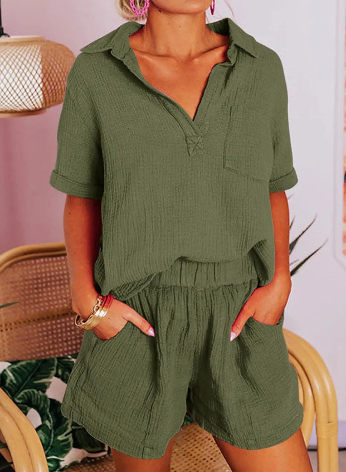 Dokotoo Women's Two Piece Outfits V Neck Short Sleeve Shirts and High Waist Shorts Lounge Sets