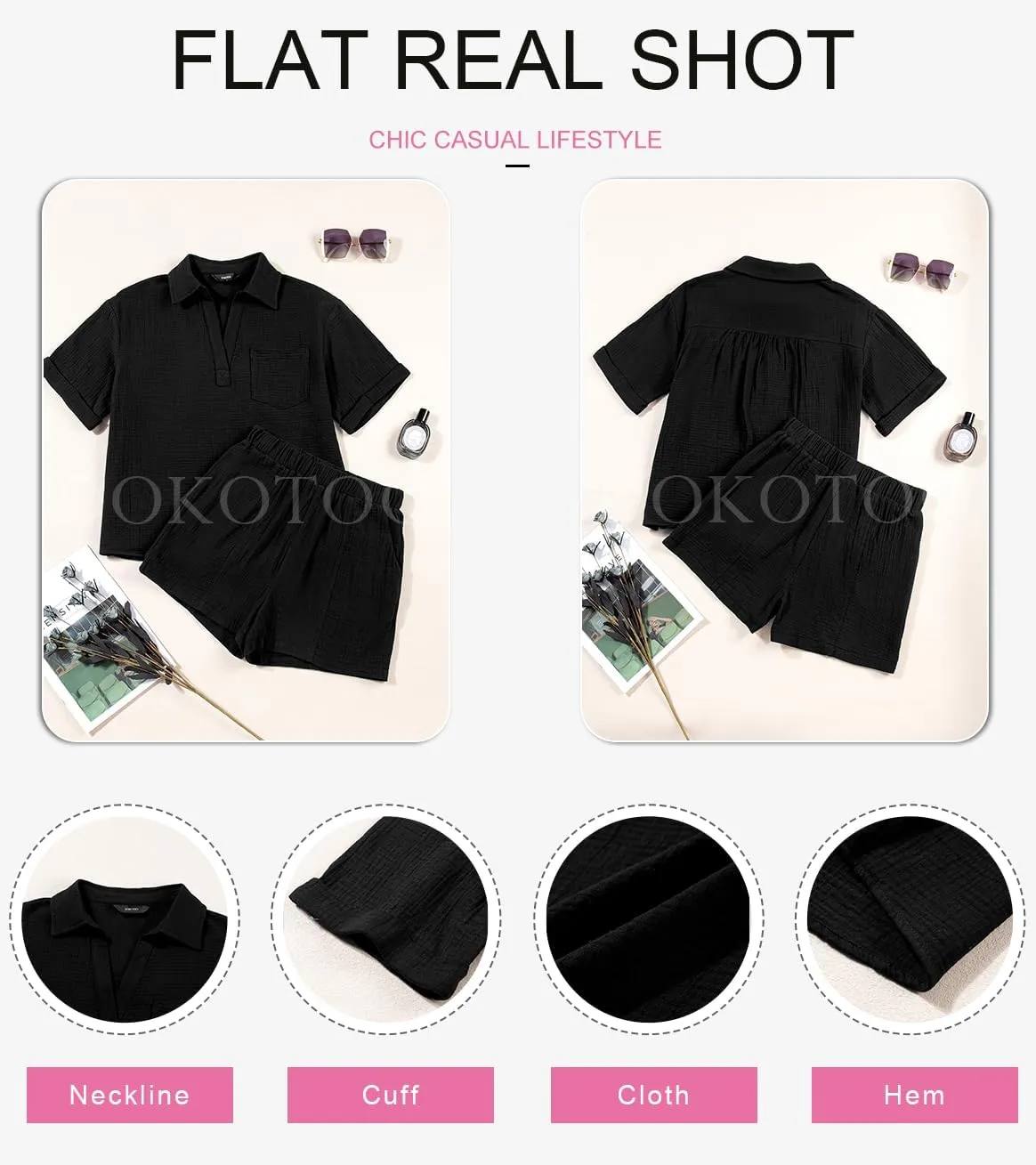 Dokotoo Women's Two Piece Outfits V Neck Short Sleeve Shirts and High Waist Shorts Lounge Sets