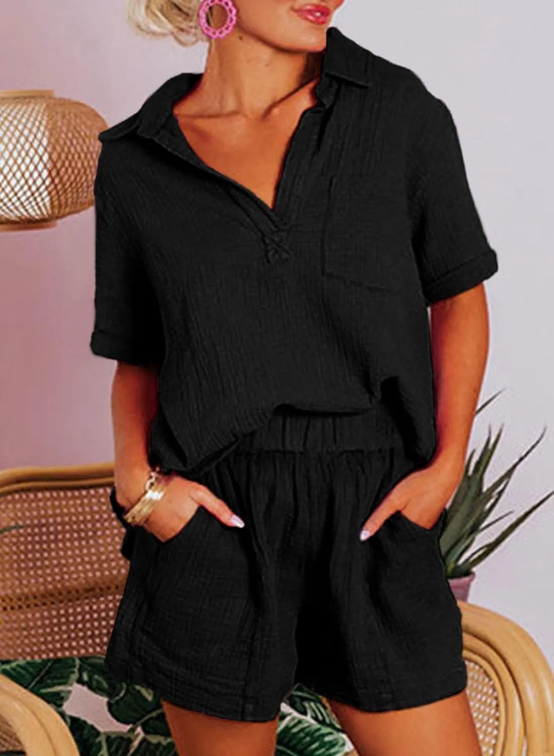 Dokotoo Women's Two Piece Outfits V Neck Short Sleeve Shirts and High Waist Shorts Lounge Sets
