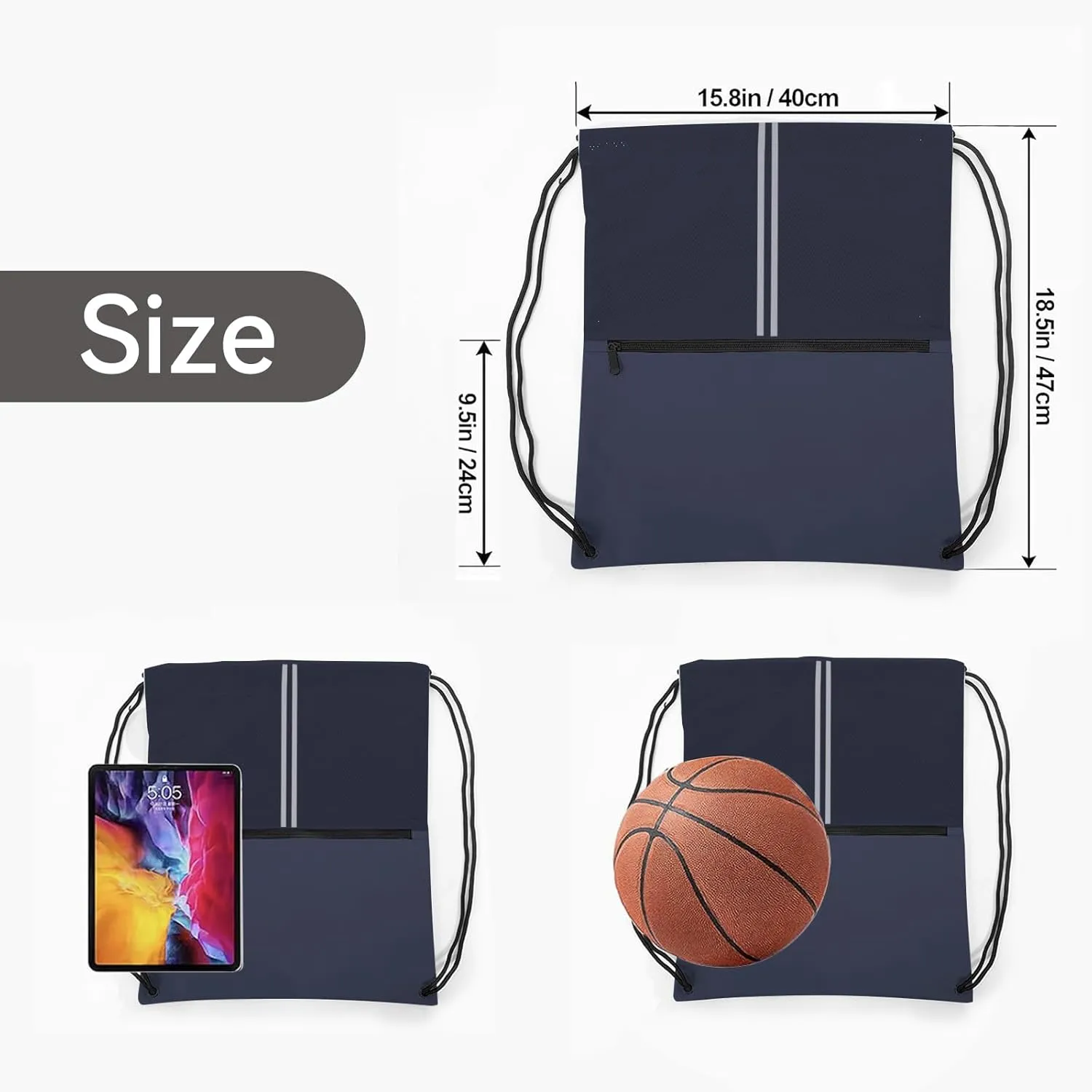 Drawstring Backpack Large Sports Draw String Bag for Men and Women (Navy Blue)