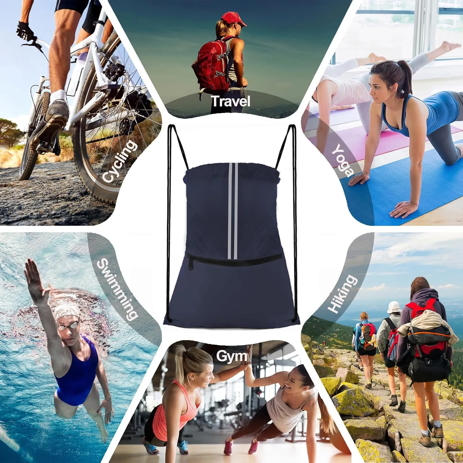 Drawstring Backpack Large Sports Draw String Bag for Men and Women (Navy Blue)