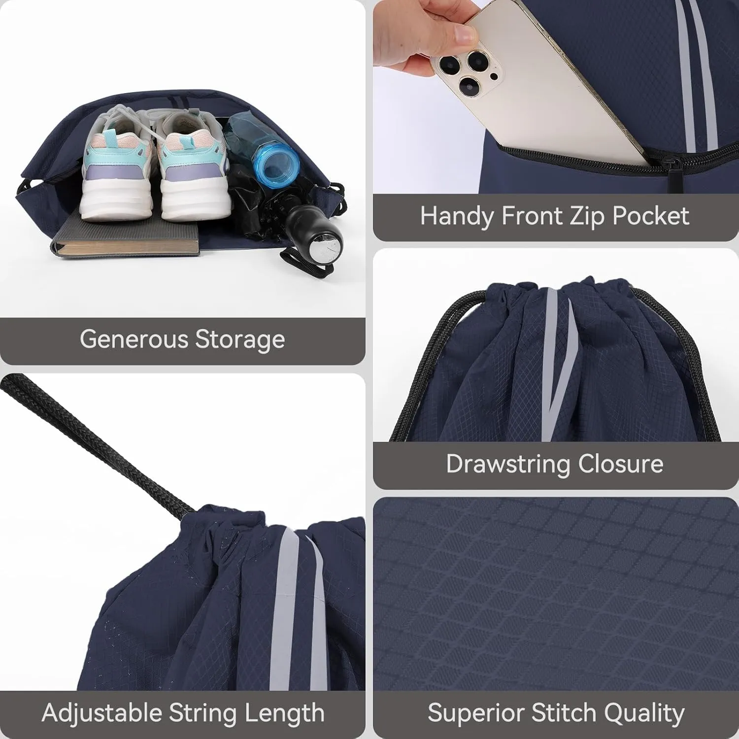 Drawstring Backpack Large Sports Draw String Bag for Men and Women (Navy Blue)