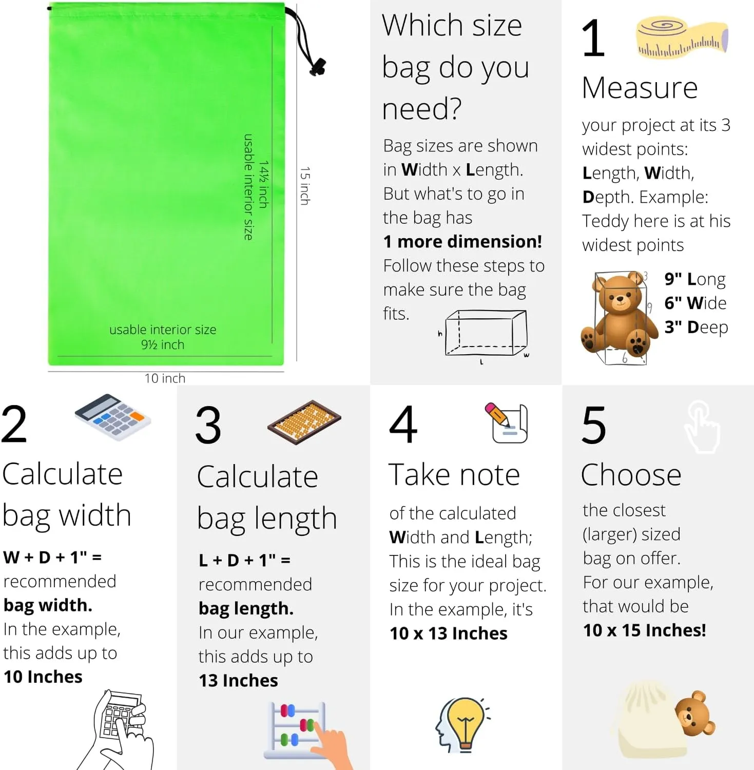 Drawstring Bag with Toggle - Nylon Cinch and Ditty Pouch (Green, 10 x 15 Inch)