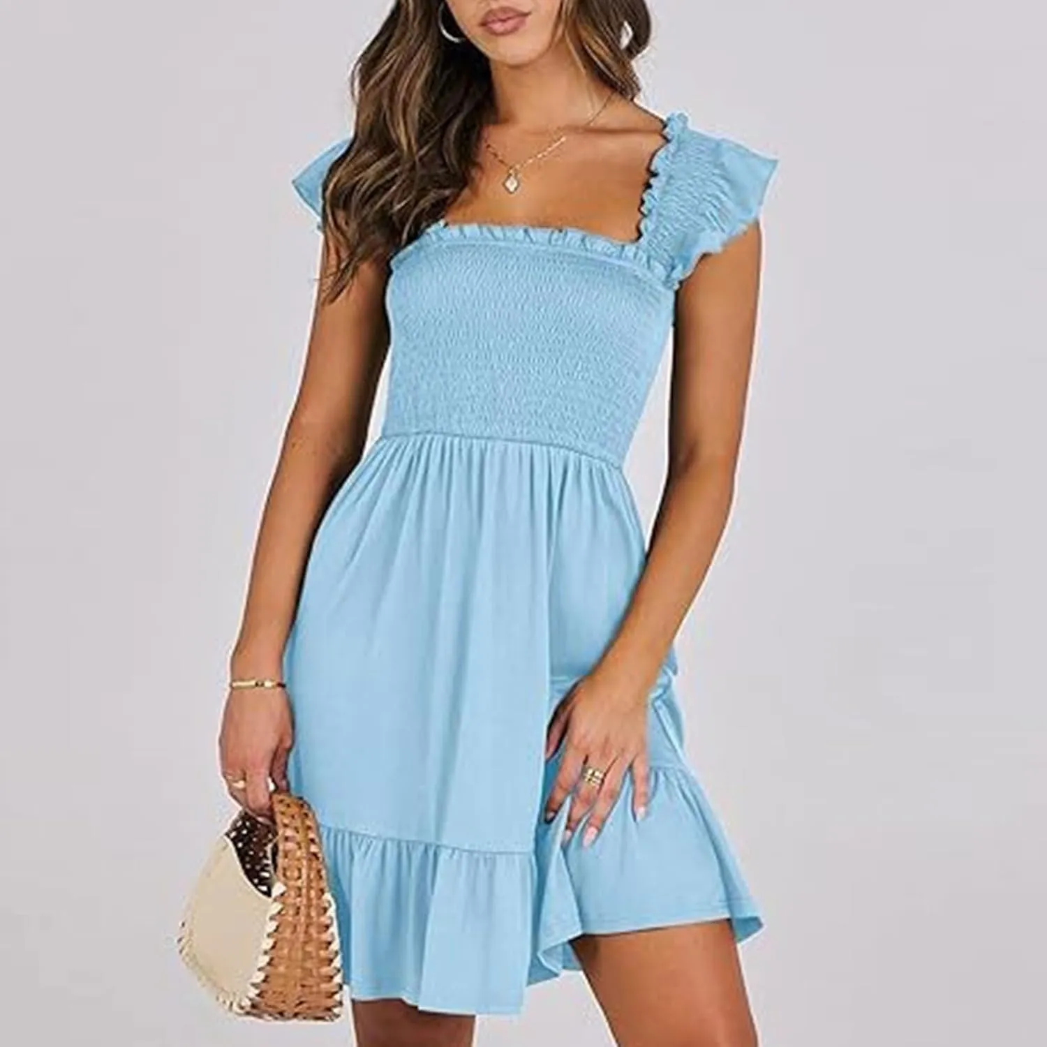 Dresses for Women 2024 Casual Spring Sleeveless Square Neck Smocked Ruffle Backless Boho Short Mini Babydoll Dress