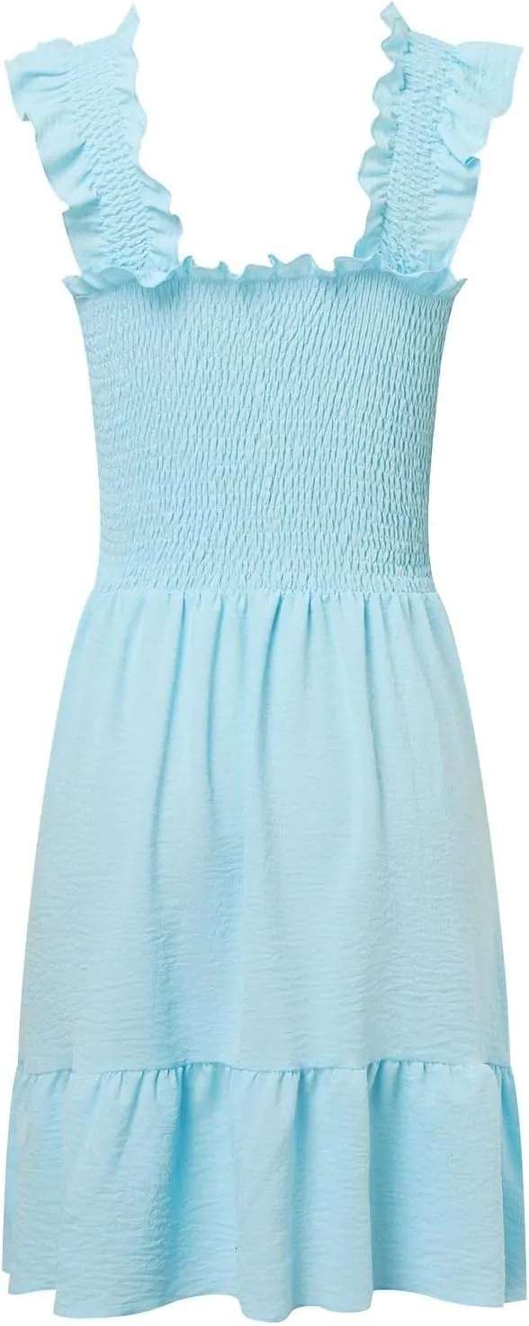 Dresses for Women 2024 Casual Spring Sleeveless Square Neck Smocked Ruffle Backless Boho Short Mini Babydoll Dress
