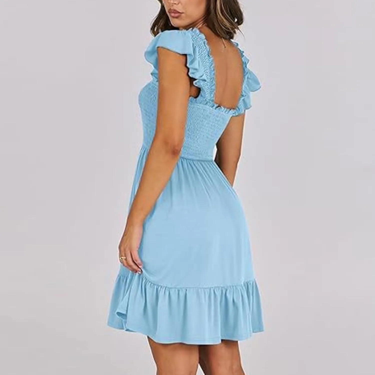 Dresses for Women 2024 Casual Spring Sleeveless Square Neck Smocked Ruffle Backless Boho Short Mini Babydoll Dress
