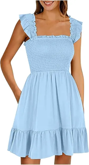 Dresses for Women 2024 Casual Spring Sleeveless Square Neck Smocked Ruffle Backless Boho Short Mini Babydoll Dress