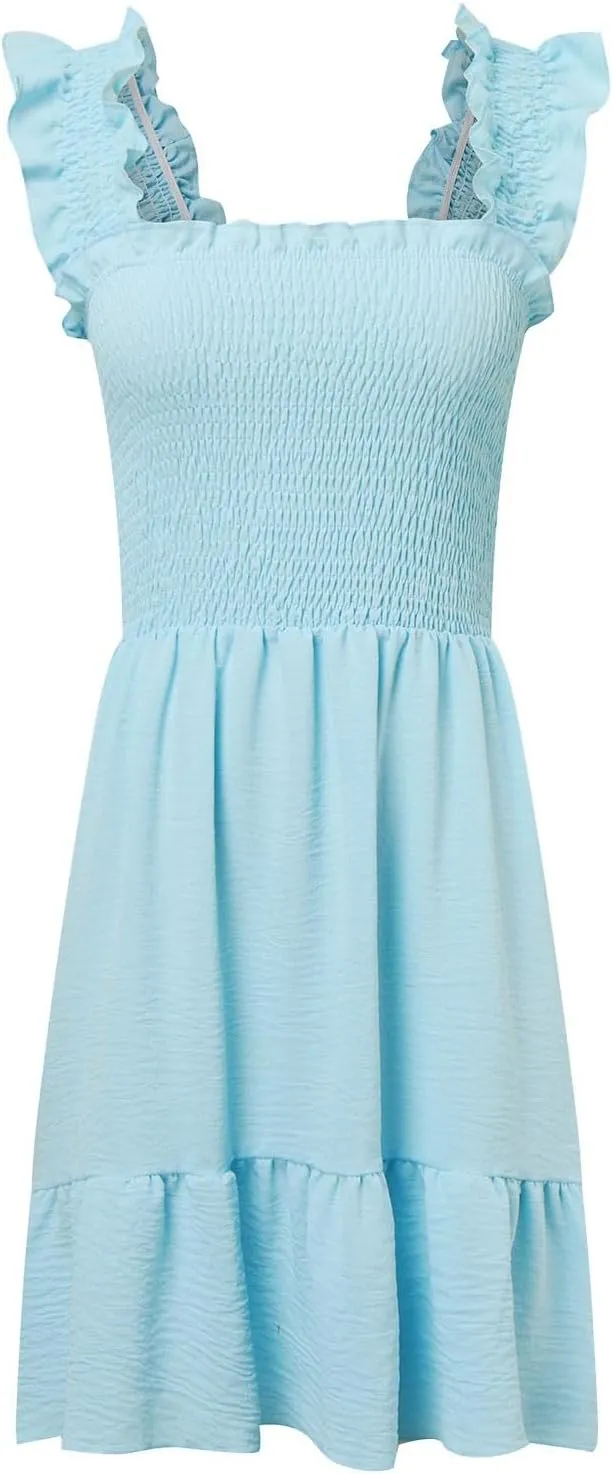 Dresses for Women 2024 Casual Spring Sleeveless Square Neck Smocked Ruffle Backless Boho Short Mini Babydoll Dress