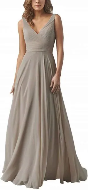 EEFZL Women's Double V Neck Bridesmaid Dress Long Chiffon Prom Evening Juniors Graduation Gowns
