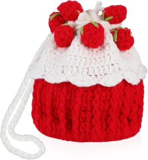 Elegant Strawberry Cake Bun Purse Knitted Strawberries Bag Bucket Drawstring Closure Fashionable
