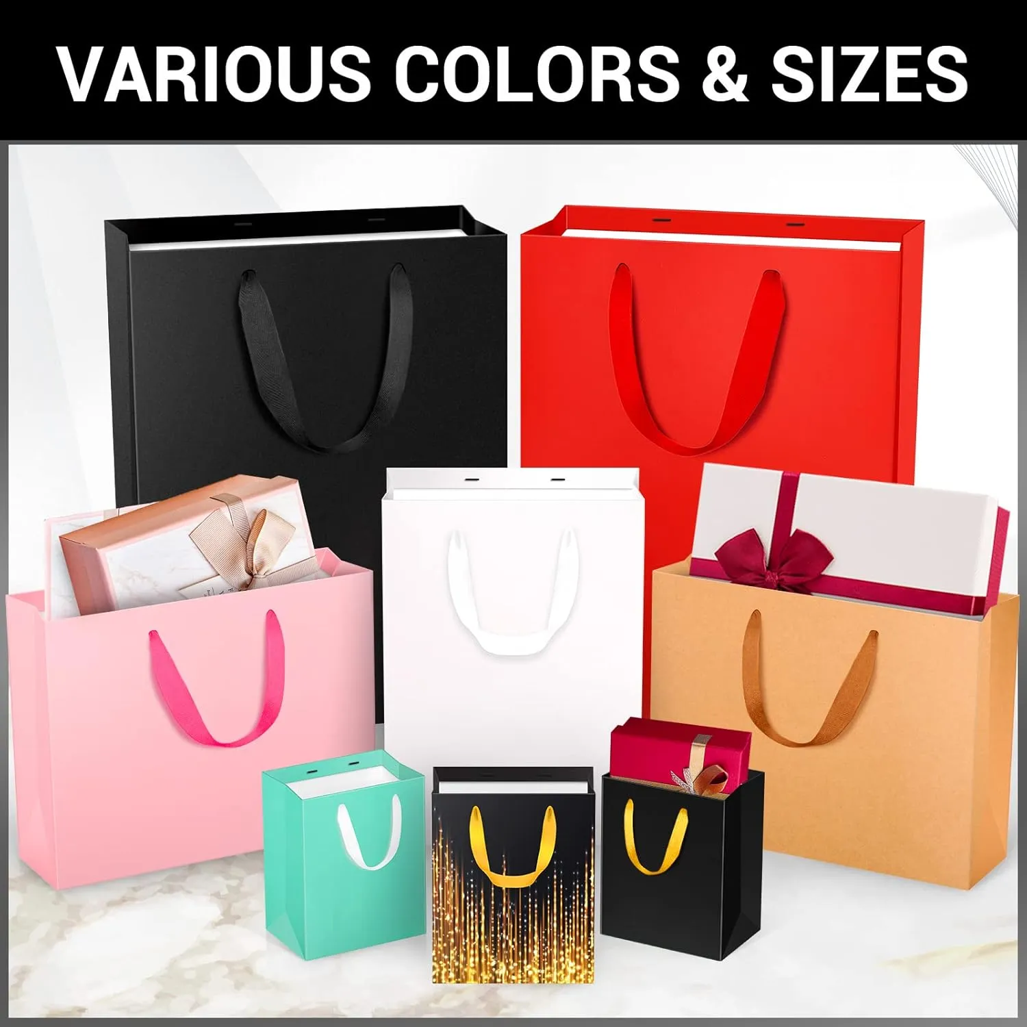 EUSOAR Black Large Gift Bags - 12 Pack, 16"x 6"x 12" Heavy Duty Kraft Paper Shopping Bags with Handles for Parties, Favorites, Boutiques, Retail