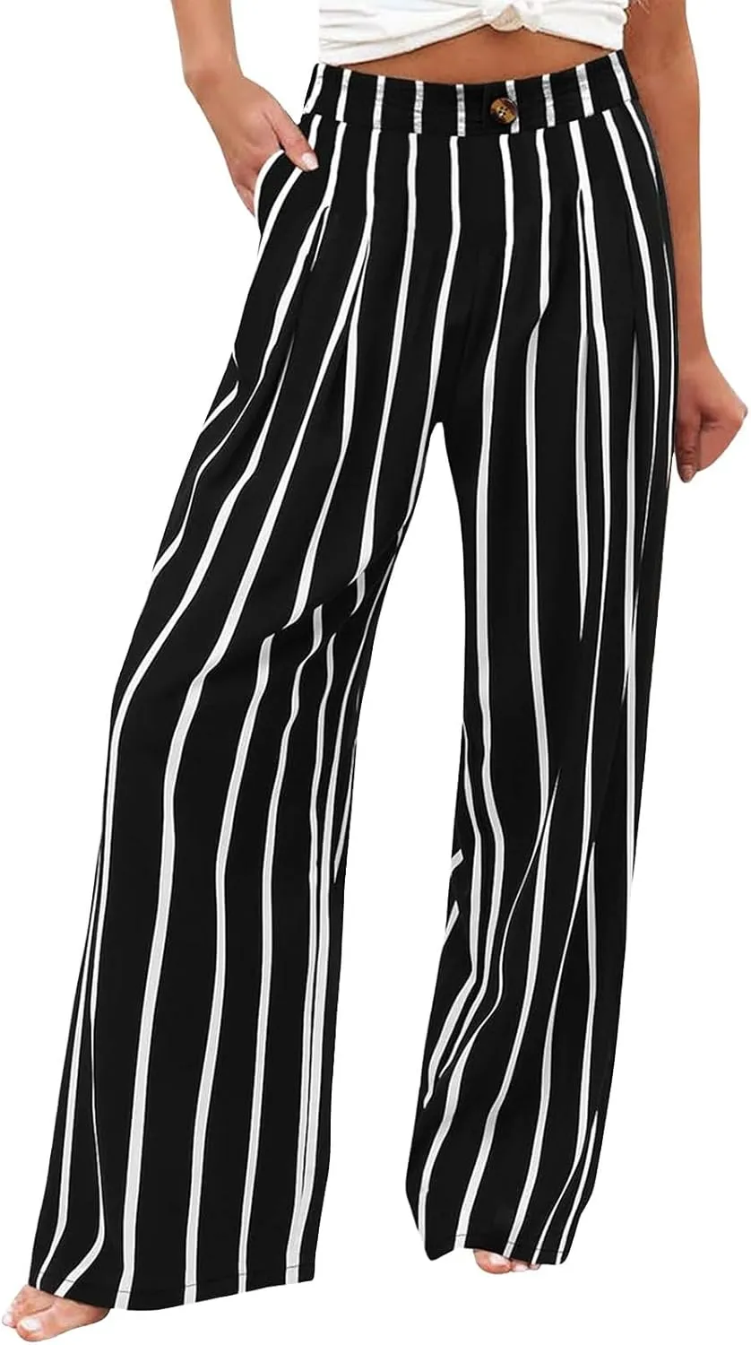 fanmpghleoo Striped Linen Pants Women Dressy Boho Linen Palazzo Pants Casual Business High Waisted Linen Trousers Pants 2025