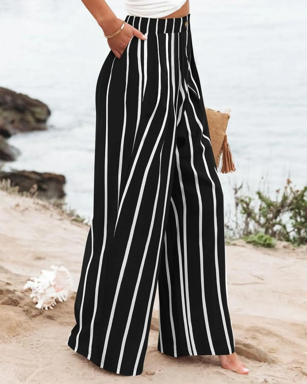 fanmpghleoo Striped Linen Pants Women Dressy Boho Linen Palazzo Pants Casual Business High Waisted Linen Trousers Pants 2025