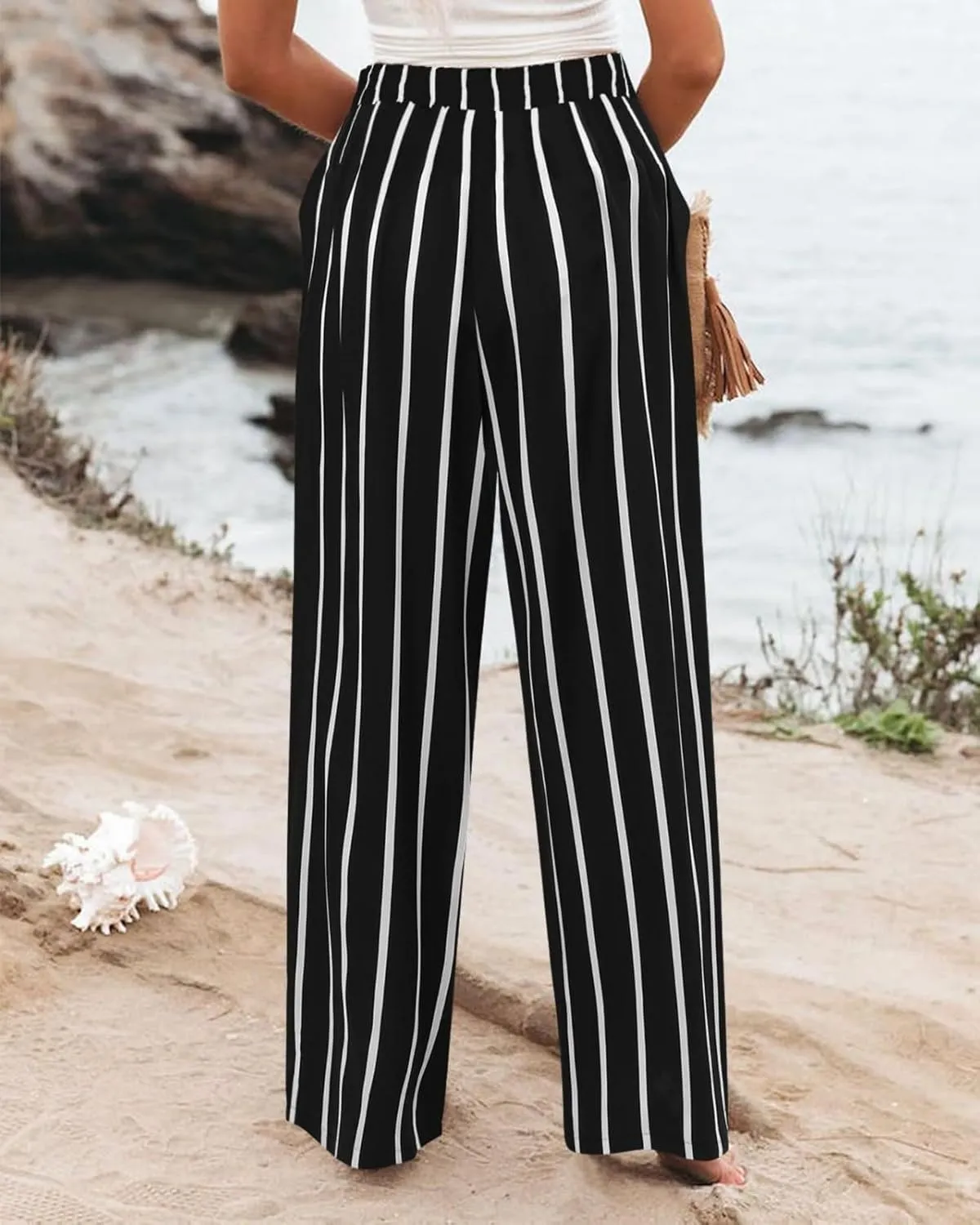 fanmpghleoo Striped Linen Pants Women Dressy Boho Linen Palazzo Pants Casual Business High Waisted Linen Trousers Pants 2025
