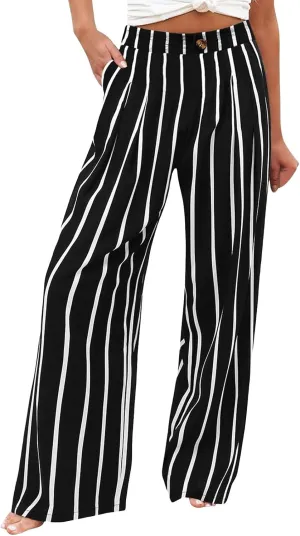 fanmpghleoo Striped Linen Pants Women Dressy Boho Linen Palazzo Pants Casual Business High Waisted Linen Trousers Pants 2025