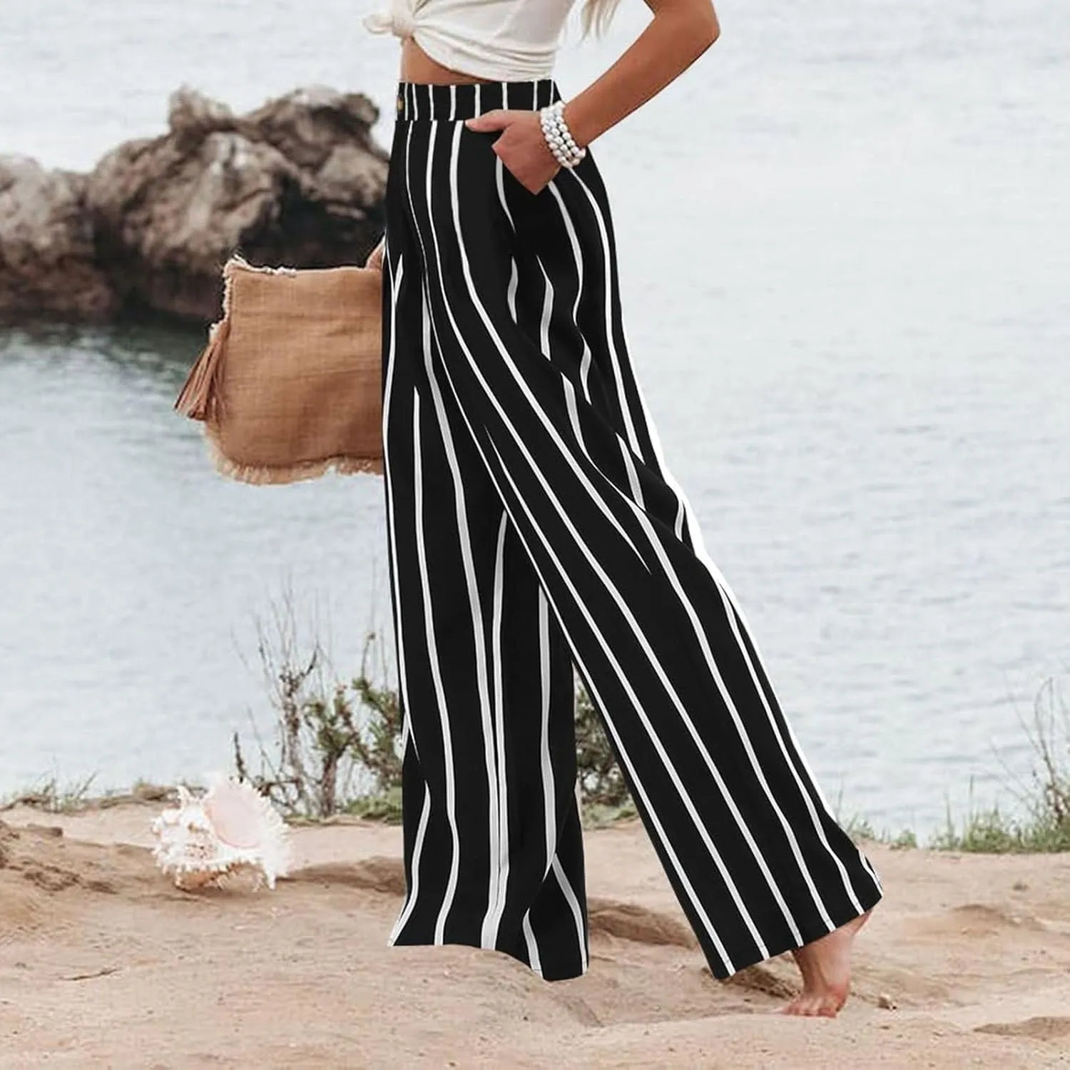fanmpghleoo Striped Linen Pants Women Dressy Boho Linen Palazzo Pants Casual Business High Waisted Linen Trousers Pants 2025