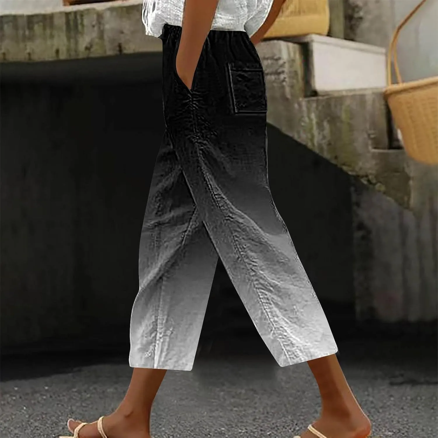 fartey Womens Summer Pants Casual Drawstring Elastic High Waist Capri Pants Floral Print Wide Leg Cropped Pants Trousers
